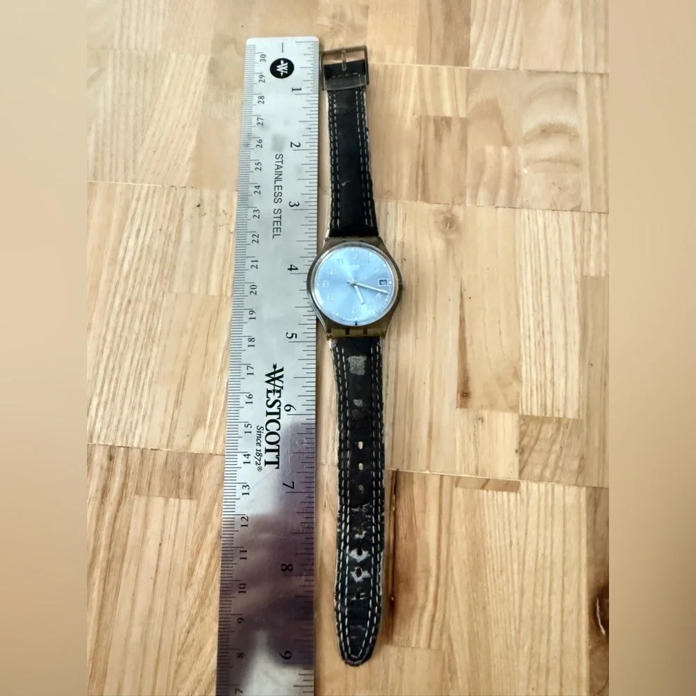 Swatch Blue dial brown strap, Blue Choco classic watch NEW BATTERY